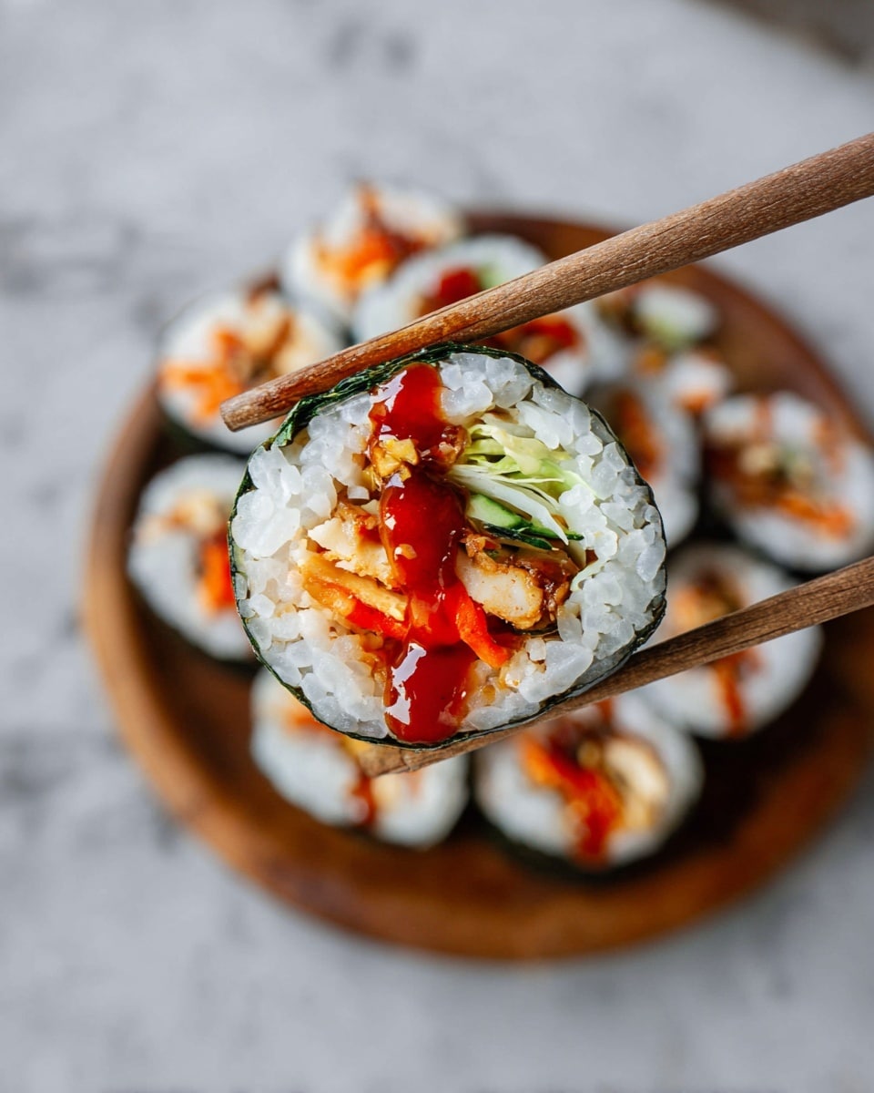 A close-up view of a sushi roll held by wooden chopsticks, showing a cross-section with five layers: a dark green seaweed outer layer, wrapped around a thick white rice layer, then shredded light green cabbage on one side; inside there are thin orange carrot strips, bright red crab stick pieces, and a golden-brown fried chicken strip covered with a glossy reddish-orange sauce on top. The background is a white marbled texture with a blurred wooden plate holding more sushi rolls in the distance. photo taken with an iphone --ar 4:5 --v 7