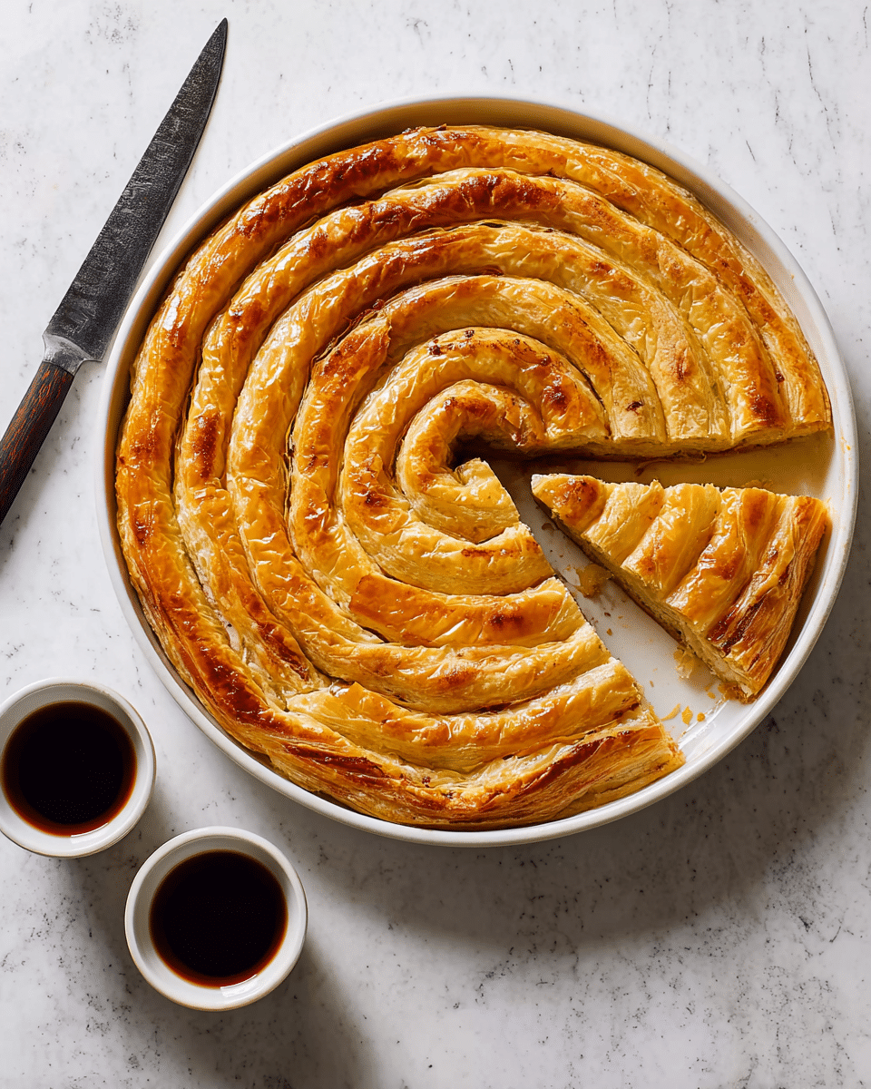 The image shows a golden brown spiral pastry arranged in a white round dish, with multiple layers tightly coiled from the center to the edge. The pastry has a glossy, crisp surface with a few visible cracks, and three slices have been cut from the spiral, revealing its flaky texture. Next to the dish, on a white marbled surface, there is a large knife with a dark handle resting partly on the dish. Two small white cups filled with dark liquid are nearby, adding contrast to the warm tones of the pastry. Photo taken with an iphone --ar 4:5 --v 7