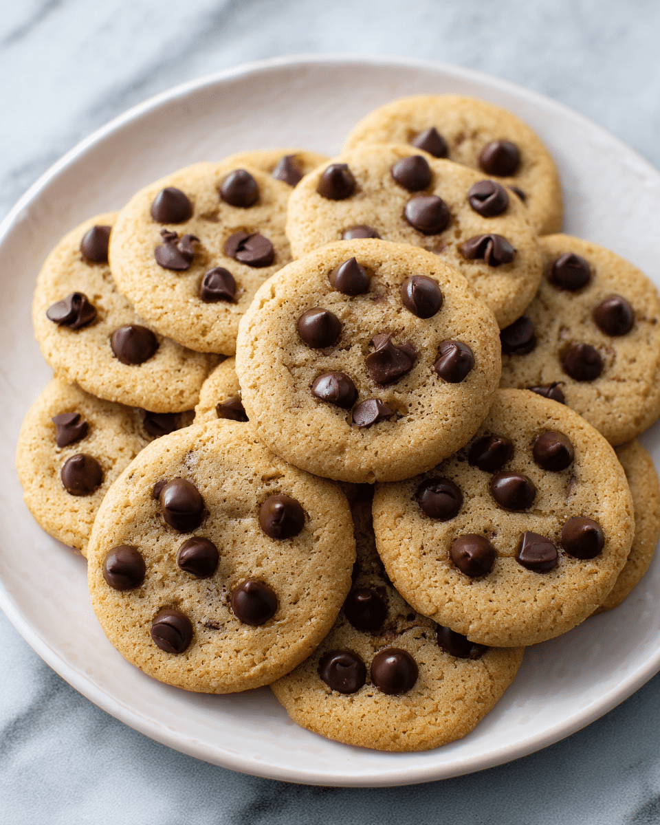 A white plate holds a stack of ten soft-looking, round chocolate chip cookies. Each cookie is light golden brown with a slightly grainy texture, topped with scattered chocolate chips that vary in size and shade, from deep dark brown to lighter milk chocolate tones. The cookies are layered unevenly, some resting atop others, showing a mix of smooth and slightly cracked surfaces where the chocolate chips have partly melted. The background is a white marbled texture that contrasts gently with the warm tones of the cookies. photo taken with an iphone --ar 4:5 --v 7