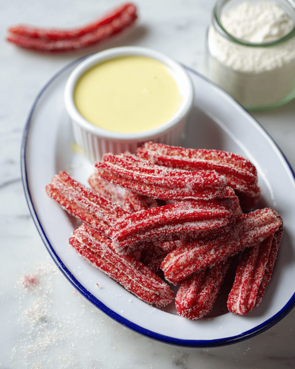 A white oval plate with thin blue lines around the edge holds a pile of bright red churros covered in sugar crystals, stacked in a loose mound in the center and slightly to the right. One churro on top is dipped halfway into a small round white bowl filled with smooth, pale yellow dipping sauce, placed near the left edge of the plate. Around the plate, the white marbled surface shows more red churros scattered casually. A glass container with white powder sits blurred in the background on the right side. Photo taken with an iphone --ar 4:5 --v 7