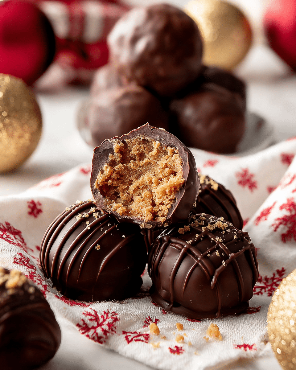 A close-up view of dark chocolate truffles arranged on a white cloth with red holiday patterns, set on a white marbled surface. In the front, there are three truffles: one has a smooth, shiny dark chocolate shell sprinkled lightly with crumbs on top; the second truffle shows dark chocolate drizzled in thin lines creating a striped texture; the third is cut open, revealing an inner crumbly light brown filling with a thick dark chocolate coating on the outside. Behind these, a small pile of round truffles with a smooth dark chocolate coating is stacked, slightly blurred. Scattered fine crumbs and a golden glittered ball add festive detail. Photo taken with an iphone --ar 4:5 --v 7