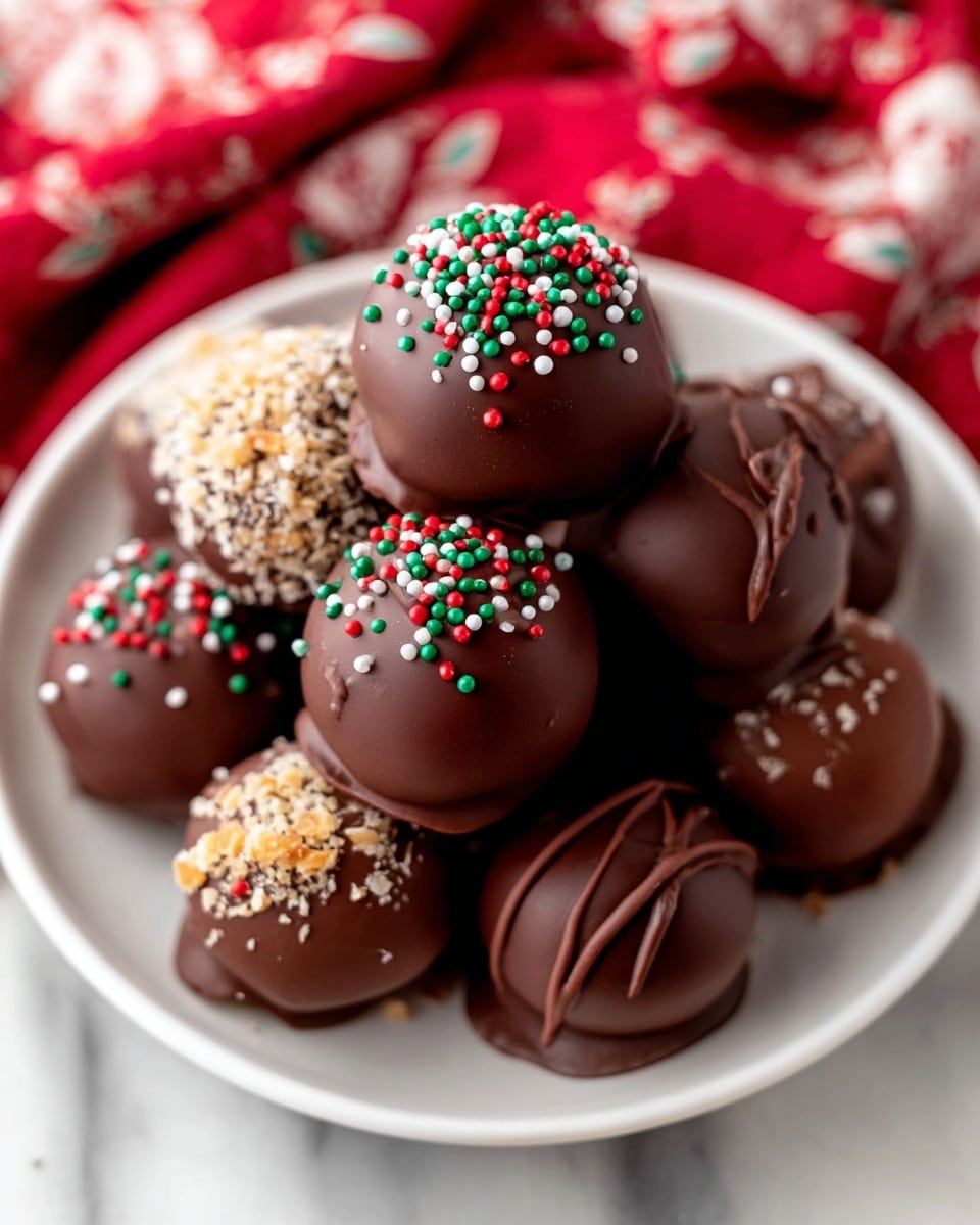 A white plate holds a pile of round chocolate truffles, each smoothly coated in dark brown chocolate. The truffles create several layers, with the top layer showing a truffle decorated with small red, green, and white round sprinkles, while others have finely crushed nuts or a light drizzle of chocolate on top. The plate sits on a white marbled surface partly covered by a soft red and white cloth with a floral pattern. The close-up shows the smooth, shiny texture of the chocolate with some rough texture from the toppings. photo taken with an iphone --ar 4:5 --v 7