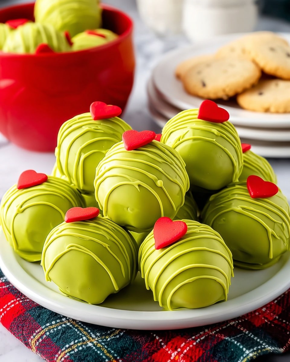 A white plate holds eight round green cake balls, each coated smoothly in bright green icing. They are decorated with thin drizzle lines of the same green icing, adding texture. On top of each cake ball is a small red heart-shaped decoration. The plate has a plaid pattern on its surface. In the blurred background, there is a red bowl filled with more green cake balls and a white plate with light-colored round cookies, all set on a white marbled surface. Photo taken with an iphone --ar 4:5 --v 7