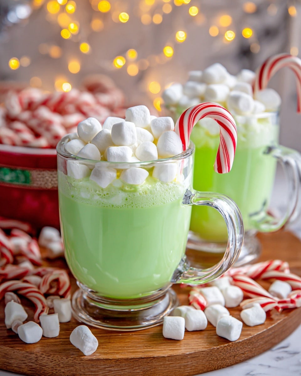 The image shows two clear glass mugs filled with a bright green drink, each topped with many small white marshmallows forming a thick, fluffy layer. Resting on the marshmallows of each mug is a white and red striped candy cane, placed on the top right side. The mugs sit on a wooden board with more candy canes and marshmallows scattered around. In the background, warm orange fairy lights add a cozy feel, all set against a white marbled surface. photo taken with an iphone --ar 4:5 --v 7
