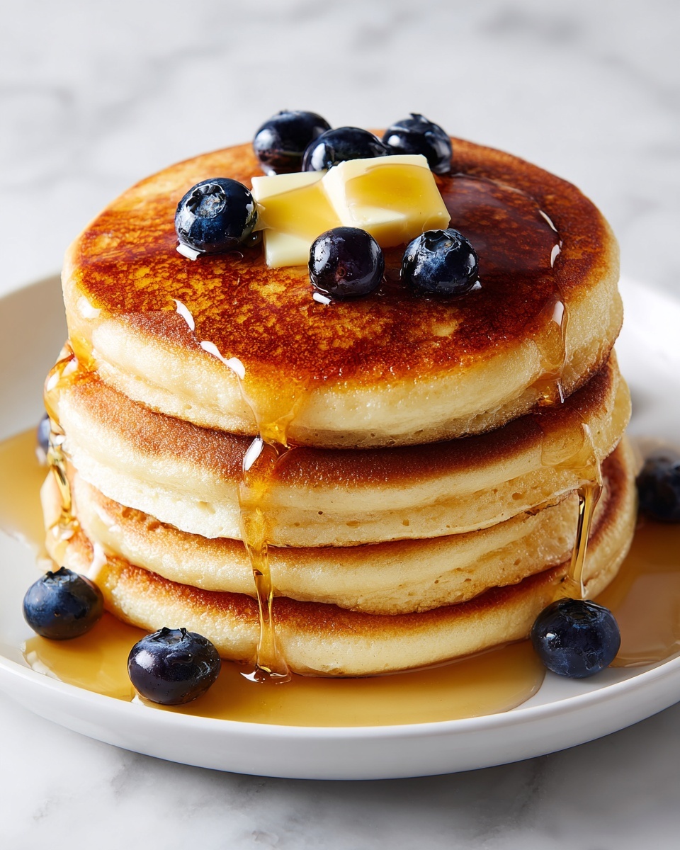 A stack of four thick, fluffy pancakes with a light brown, golden texture on the top and sides is placed on a white plate. A small square of yellow butter is melting on the top pancake, surrounded by several fresh, dark blue blueberries. Golden syrup slowly drips down the sides of the pancakes, pooling around the base and adding a shiny, sticky effect. More blueberries are scattered on the plate near the base of the stack. The dish is set on a white marbled surface. photo taken with an iphone --ar 4:5 --v 7