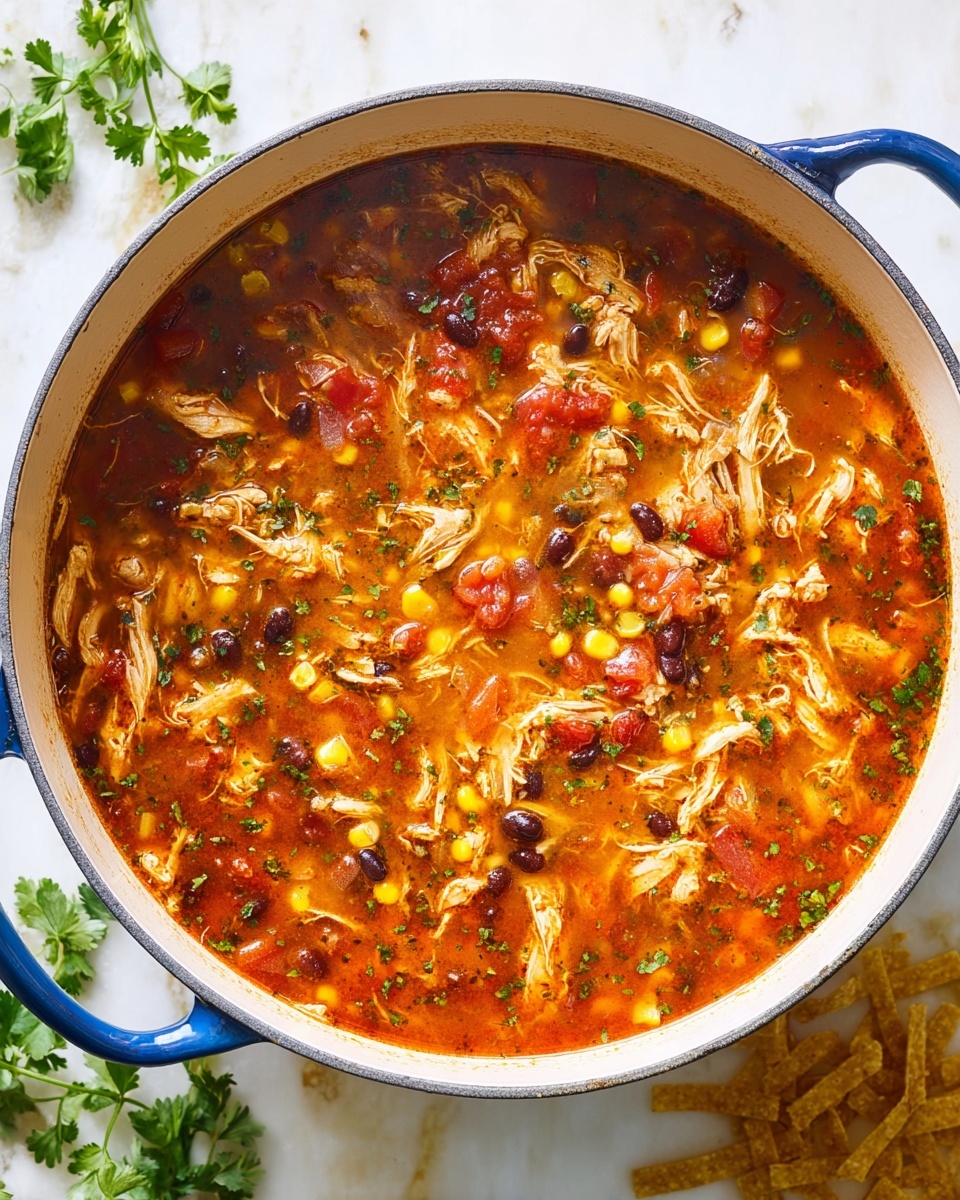 A large white oval pot with blue handles is filled with a chunky soup containing shredded chicken, bright yellow corn, small red tomato pieces, and black beans in a reddish-orange broth with green herbs scattered throughout. The soup's texture is thick with visible pieces of vegetables and meat mixed evenly. The pot is placed on a white marbled surface with some green herbs and crispy strips of tortilla nearby, enhancing the fresh and hearty feel of the dish. photo taken with an iphone --ar 4:5 --v 7