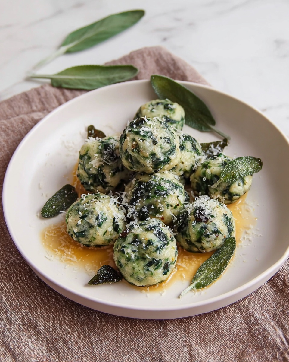 A white plate holds about ten round green spinach gnocchi balls arranged in a loose cluster. Each gnocchi is speckled with dark green spinach bits and topped with grated white cheese. Beneath the gnocchi, there is a thin layer of golden-brown butter sauce, giving a shiny look. A few fried sage leaves are placed on and near the gnocchi, adding dark green accents. Two fresh sage leaves rest on the plate's left side. The plate is set on a soft, textured brownish cloth, all placed on a white marbled surface. Photo taken with an iphone --ar 4:5 --v 7