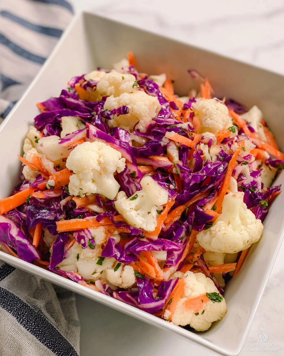 This image shows a colorful salad in a white square bowl filled with three main layers: large cauliflower florets that are creamy white and slightly textured, thin strips of bright purple cabbage adding a shiny and crisp layer, and strips of orange carrots creating a vibrant contrast. These ingredients are mixed together, giving the salad a fresh and crunchy look with bits of green herbs scattered throughout. The bowl sits on a white marbled surface with a striped cloth nearby, making the colors of the salad stand out. Photo taken with an iphone --ar 4:5 --v 7