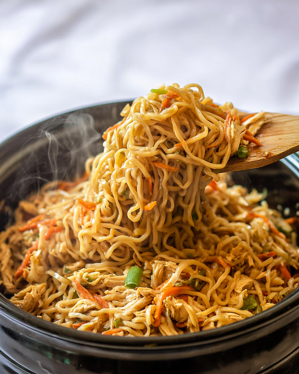A close-up view of a black bowl filled with cooked noodles mixed with small pieces of vegetables and shredded chicken. The noodles are light brown and slightly glossy, with thin strips of orange carrot and small green onion bits scattered throughout. A wooden spatula lifts a large portion of the noodles, showing their tangled texture with bits of chicken and vegetables clearly visible. Steam rises gently from the bowl, indicating the noodles are hot. The background is a white marbled texture. photo taken with an iphone --ar 4:5 --v 7