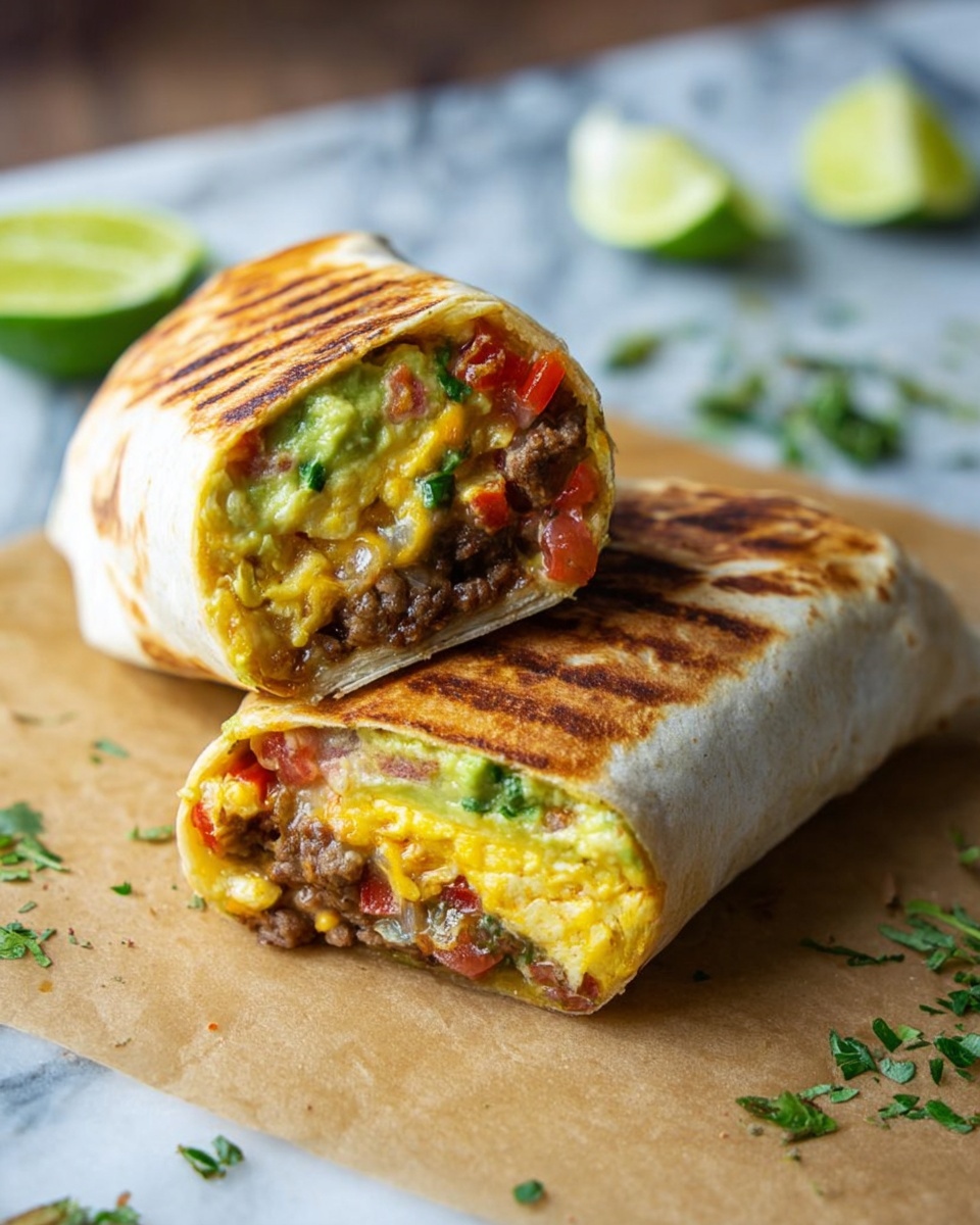 A grilled burrito cut in half, placed on brown parchment paper over a white marbled texture. The burrito has two halves with one half standing on its side, showing four distinct layers inside: a bottom layer of light yellow scrambled eggs, above it a mix of cooked ground meat with some red tomato pieces, then a layer of melted cheese stretching slightly, and finally a topping of green guacamole or avocado. The burrito wrap is golden brown with some darker grill marks. In the blurry background, there are lime wedges and scattered green herbs. photo taken with an iphone --ar 4:5 --v 7