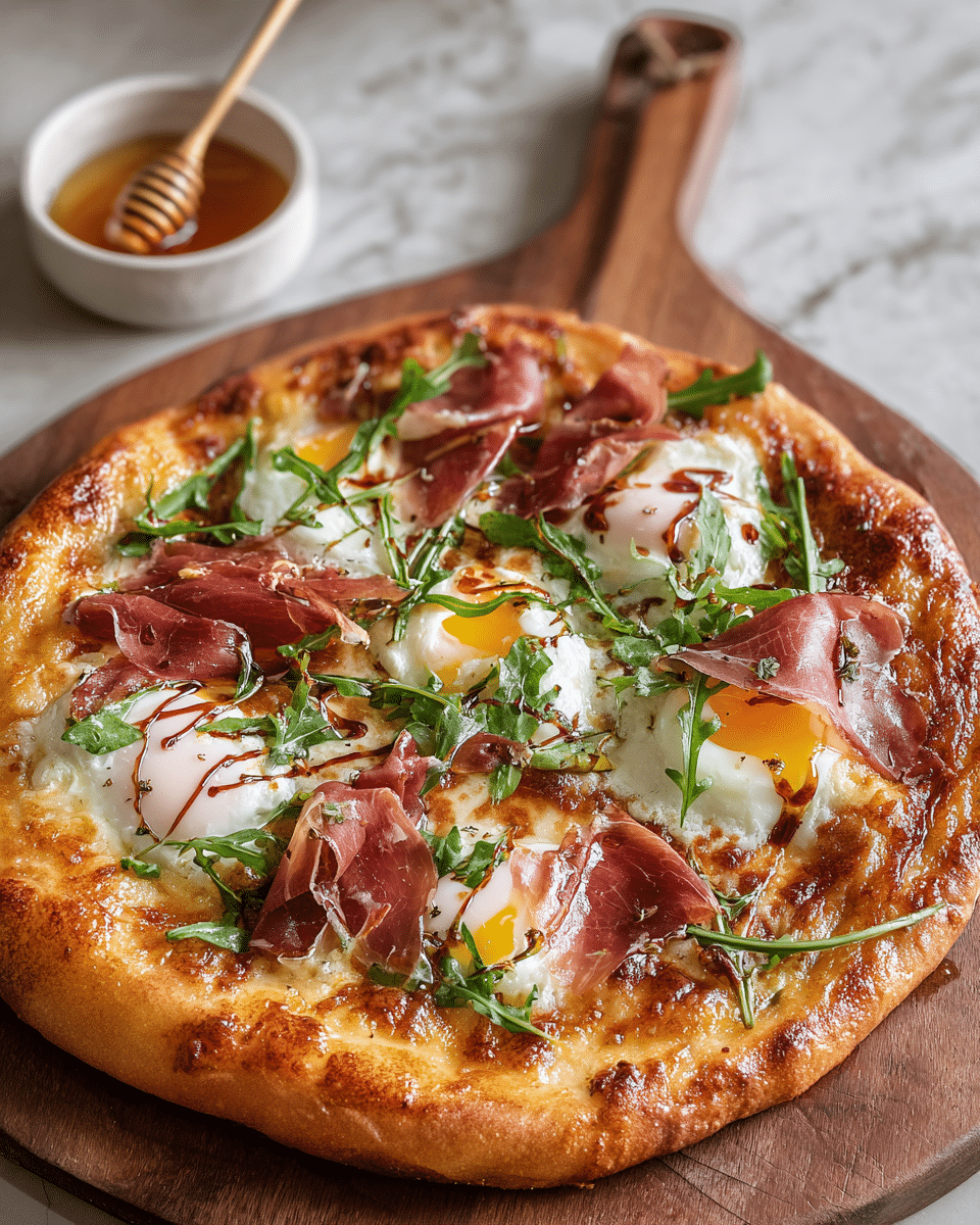 A round pizza with a golden-brown thick crust sits on a wooden board. The first layer is melted cheese with a slightly bubbly and browned texture covering the base. On top, there are several slices of soft white cheese, each with a bit of bright yellow yolk-like sauce or egg center visible. Thin, slightly curled slices of deep red prosciutto are scattered over the cheese, adding a shiny and delicate texture. Fresh green arugula leaves are spread evenly over the top, adding a fresh, leafy touch. Some dark brown sauce is drizzled over the pizza, giving it a glossy finish. The wooden board holds the pizza, and a small white bowl with honey and a honey dipper is placed nearby on a white marbled surface. photo taken with an iphone --ar 4:5 --v 7