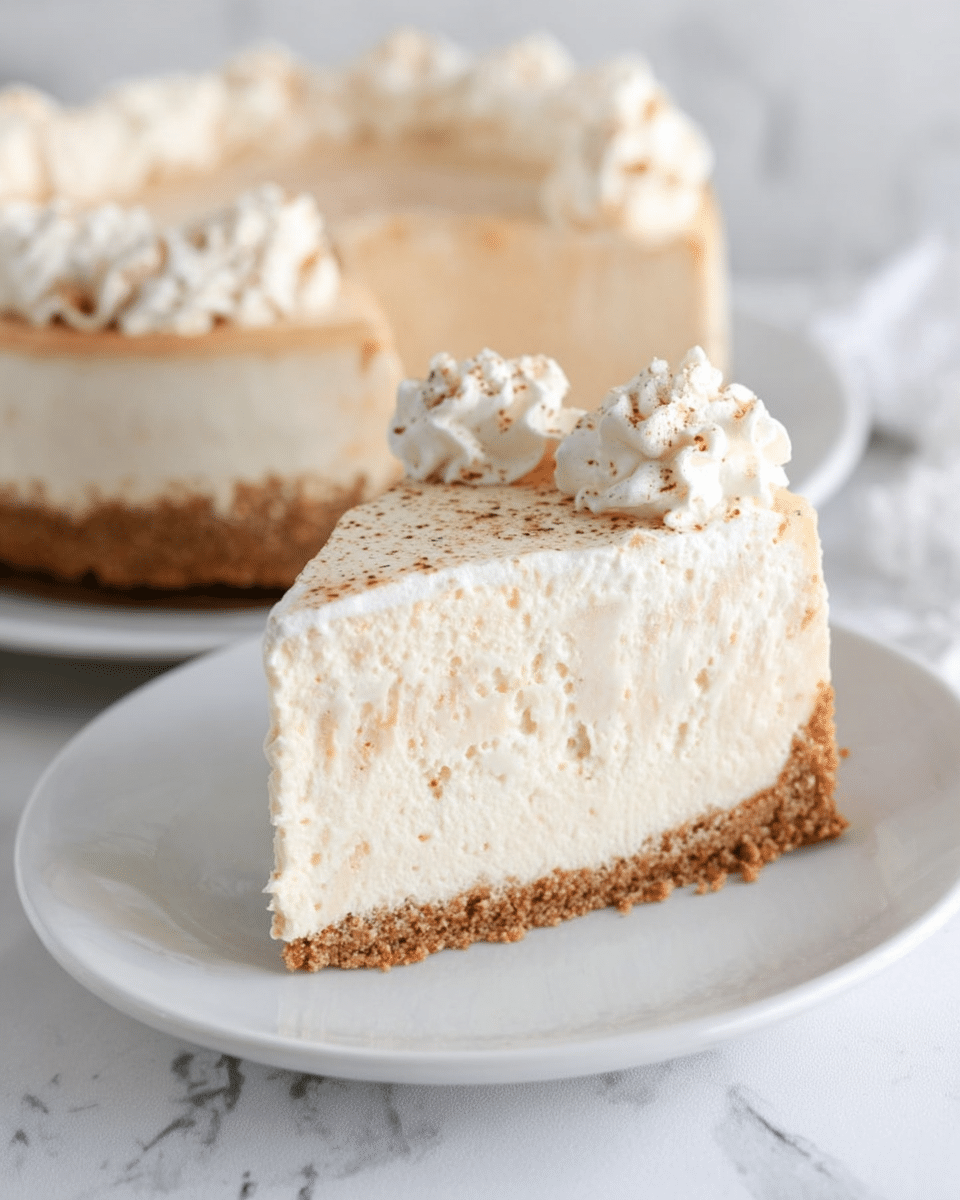 A slice of cheesecake is placed on a white plate over a white marbled surface. The cheesecake has three visible layers: a bottom brown crumbly crust, a thick and smooth creamy beige middle layer, and a top layer of whipped cream with light brown specks sprinkled on it. The slice shows slight texture marks on the creamy middle layer. In the background, the full cheesecake sits on a white plate, out of focus but showing the same layers. Photo taken with an iphone --ar 4:5 --v 7
