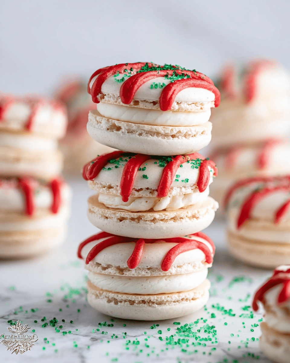 The image shows a close-up of several white macarons stacked and placed on a white marbled surface. Each macaron has three visible layers: two smooth, white almond cookie shells with a creamy filling in between. The top shell of each macaron is decorated with red icing in wavy lines and sprinkled green sugar crystals, giving a festive look. Green sugar crystals are also scattered around the macarons on the surface. The background is blurred but includes soft red, green, and white colors, adding to the holiday theme. photo taken with an iphone --ar 4:5 --v 7