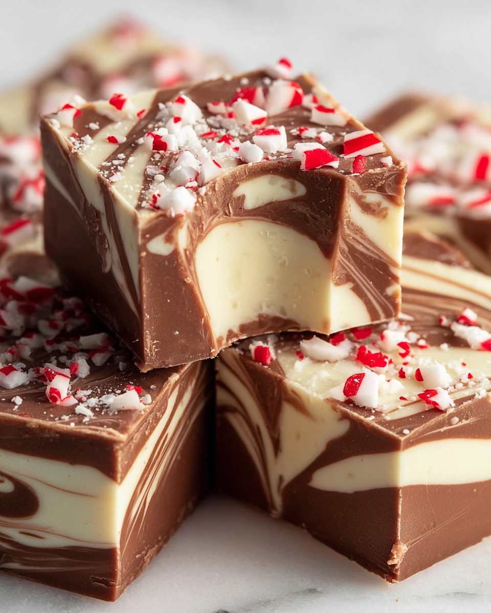 The image shows a set of 12 square peppermint bark pieces arranged neatly on a white marbled surface. Each piece has two visible layers: the bottom layer is a smooth, dark brown chocolate, and the top layer is a creamy white chocolate swirled with bright red peppermint patterns, creating a marbled effect. Some pieces have small chunks of crushed red and white peppermint candy scattered on top, adding texture and color contrast. Around the pieces, there are a few broken peppermint candies and a candy cane in the bottom right corner, enhancing the festive feel. photo taken with an iphone --ar 4:5 --v 7