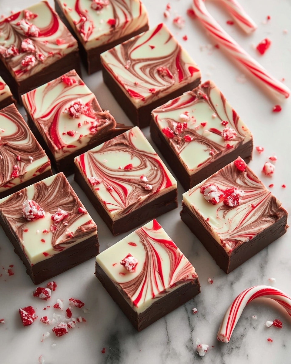 The image shows several pieces of fudge with swirled layers of milk chocolate and white chocolate in a marbled pattern. Each square has a smooth, glossy top layer of milk chocolate sprinkled with crushed white and red peppermint candy pieces. The fudge squares are stacked, with one piece slightly on top and showing a bite taken out, revealing the thick, creamy swirled interior. The background surface is a white marbled texture. photo taken with an iphone --ar 4:5 --v 7