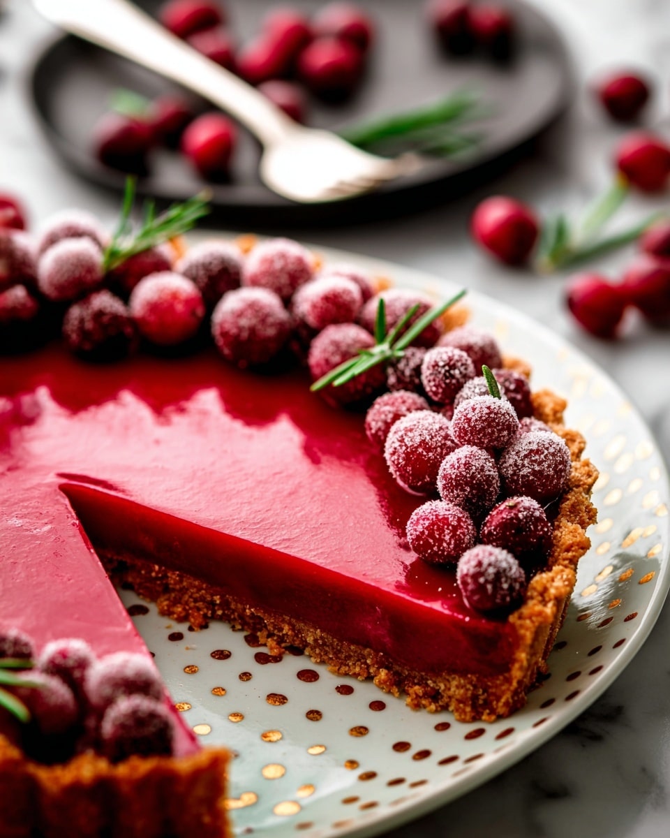 A close-up view of a three-slice bright red tart on a white plate with gold dots, sitting on a white marbled surface. The tart has a crumbly light brown crust forming the base and edges. The smooth, shiny red filling covers the entire tart evenly. On top, there is a ring of fresh red cranberries and some cranberries covered in sugar, mixed with green rosemary sprigs placed along the edge. In the blurred background, a white fork rests on a dark round dish, with extra cranberries and rosemary scattered on the white marbled surface. photo taken with an iphone --ar 4:5 --v 7