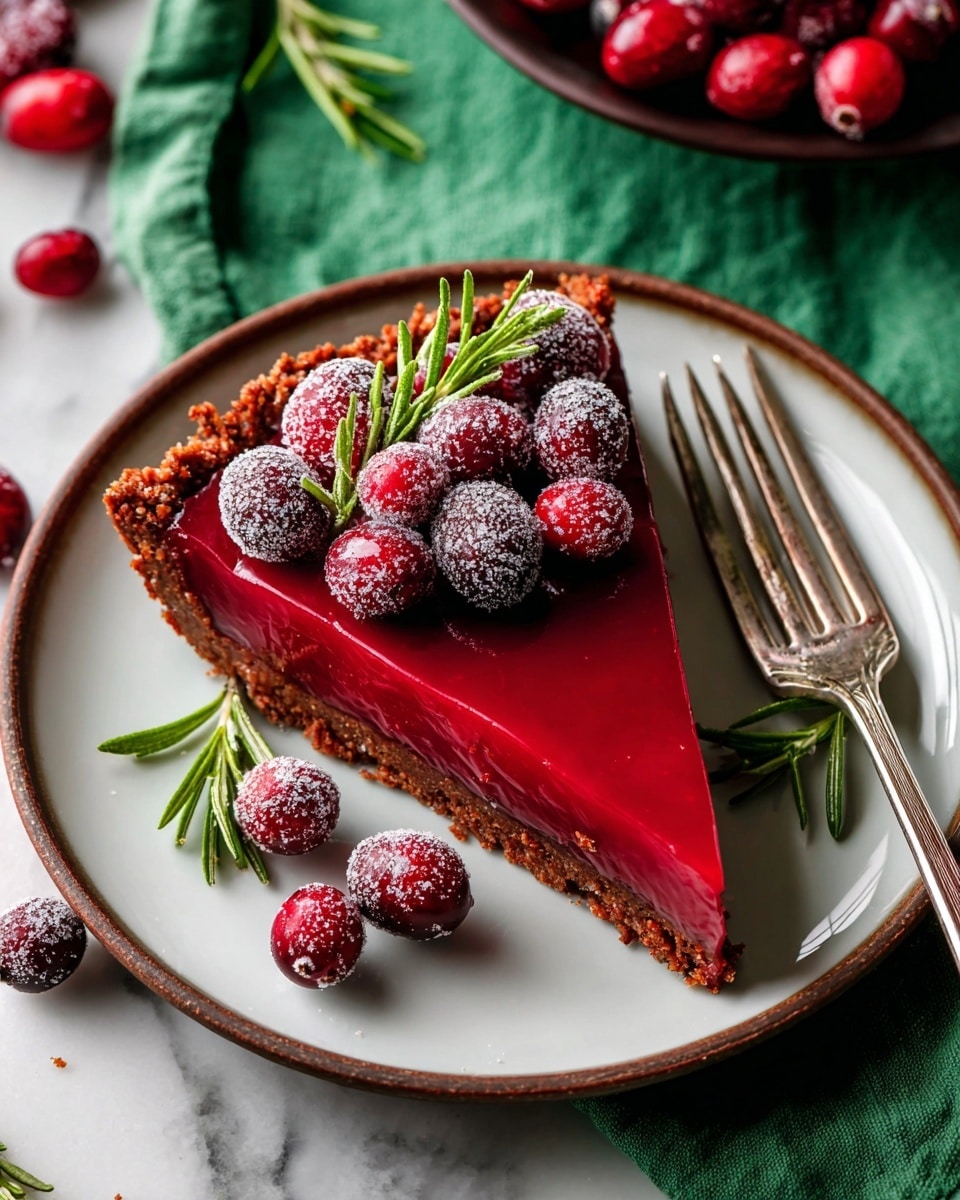 A single slice of bright red cranberry tart sits on a white plate, showing two clear layers: a crumbly brown crust at the base with a smooth, glossy red cranberry filling on top. The tart is decorated with fresh and sugared whole cranberries, deep red and frosted white, resting on the red layer along with green rosemary sprigs. A silver fork lies on the plate's right side, and more cranberries and rosemary sprigs are scattered around the plate on a white marbled surface. Nearby a green cloth is partially visible, adding contrast to the warm colors in the image photo taken with an iphone --ar 4:5 --v 7