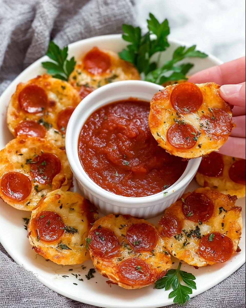 A white round plate with a small white ramekin filled with thick red marinara sauce in the center. Around the ramekin, there are several mini pizza bites, each with a golden crispy cheese base, topped with small round red pepperoni slices and sprinkled with green Italian herbs. One mini pizza bite is dipped halfway into the sauce, held by a woman's hand. Fresh green parsley leaves decorate the plate near the ramekin. The background shows a soft gray cloth with a white marbled texture surface underneath. photo taken with an iphone --ar 4:5 --v 7