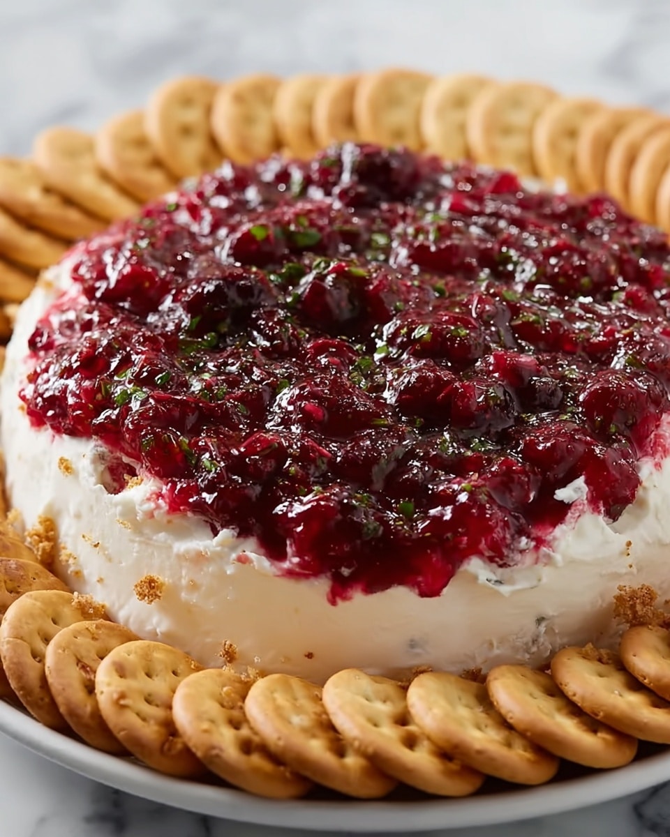 A round white dish holds a two-layer spread topped with a thick, chunky red berry sauce with hints of green herbs mixed in the jelly-like texture, giving a shiny, wet look. Underneath the sauce is a smooth, creamy white layer that looks soft and whipped. Around the dish, there is a ring of small, round, golden-brown crackers standing on a white marbled surface. Photo taken with an iphone --ar 4:5 --v 7