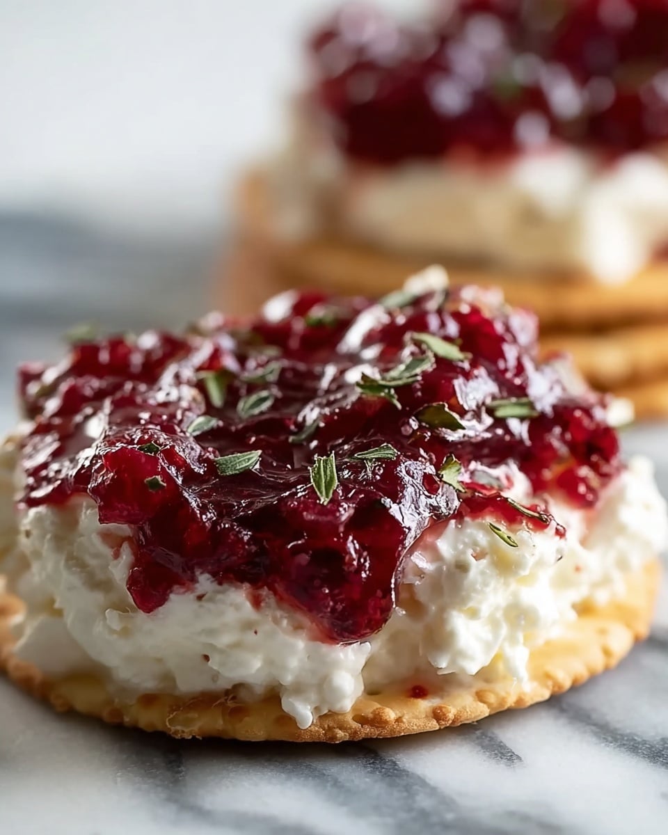 A close-up of a cracker topped with two thick layers: the bottom layer is white and creamy cottage cheese with a soft, lumpy texture, and the top layer is a glossy, rich red cranberry sauce dotted with small green herb leaves, both layers spread evenly but with a slightly rustic, natural look, all placed on a white marbled surface with a blurred second cracker stacked behind it. photo taken with an iphone --ar 4:5 --v 7