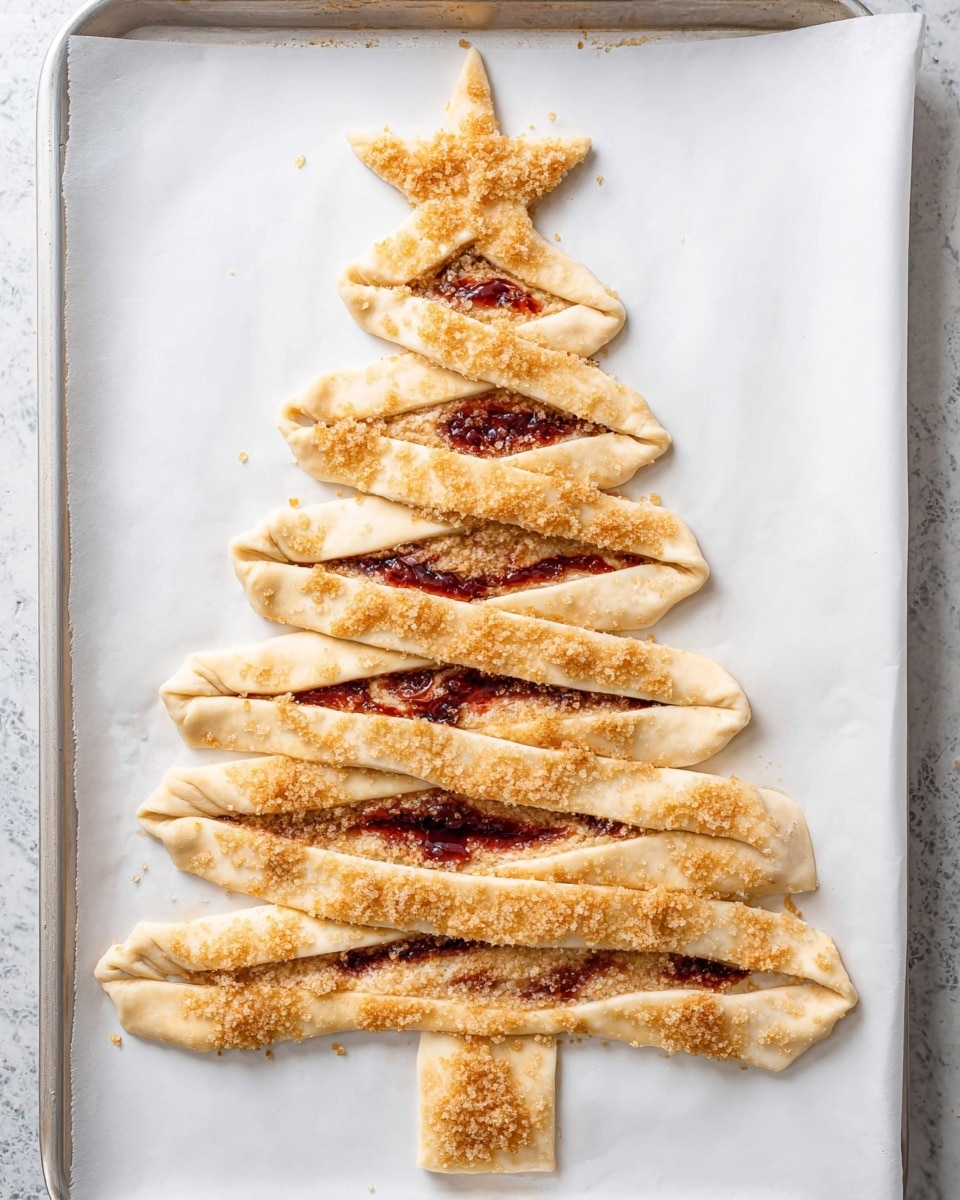 The image shows a twisted pastry shaped like a Christmas tree, placed on white parchment paper on a baking tray. The tree has one main flat layer of light golden dough filled with dark red jam, cut into strips on both sides that are twisted to reveal the jam inside, forming branches. The center triangle section and the top star cutout are covered with coarse brown sugar crystals that add texture and color. The trunk is a small rectangular dough piece attached to the bottom of the tree shape. The twists create a neat, festive look with alternating smooth dough and jam streaks. The background is a white marbled texture. photo taken with an iphone --ar 4:5 --v 7