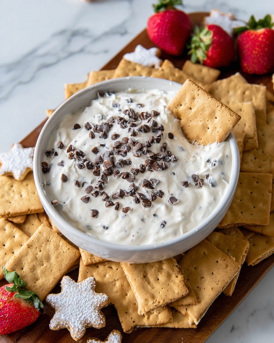 A white bowl is full of creamy white dip with small chocolate chips mixed in and scattered on top, with a light brown crisp cookie dipped into it. The bowl sits on a wooden board surrounded by light brown square graham crackers arranged upright and flat at the bottom, snowflake-shaped golden brown cookies with a slightly crispy texture, and bright red strawberries with green tops. The background is a white marbled surface. photo taken with an iphone --ar 4:5 --v 7