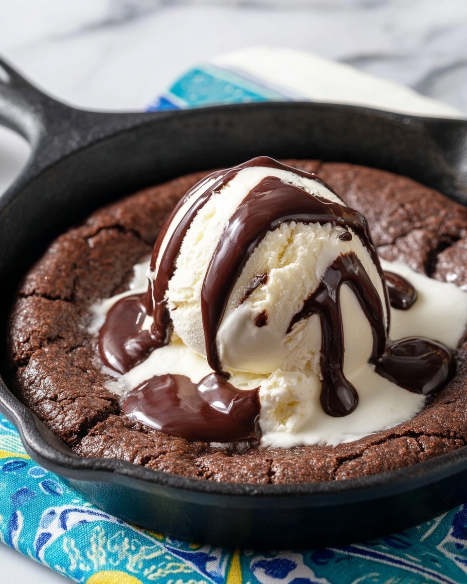 A close-up of a single-layer dark brown chocolate skillet cookie in a black cast iron pan, topped with a large scoop of white vanilla ice cream with a smooth creamy texture. The ice cream is drizzled with glossy dark brown chocolate syrup and sprinkled with colorful cylindrical sprinkles in red, yellow, white, purple, pink, and green. A spoon holds a bite-sized piece of the soft, moist cookie, also covered with chocolate syrup, inside the pan. The pan sits on a vibrant cloth with multicolored circular and floral patterns. photo taken with an iphone --ar 4:5 --v 7