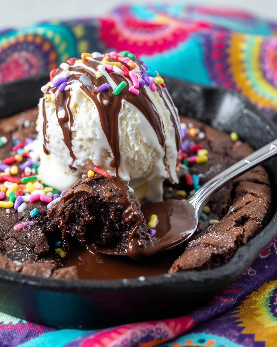 A round, deep brown chocolate cookie base with a slightly rough texture takes up the entire bottom of a black cast iron skillet placed on a colorful blue-patterned cloth. On top, there is one large scoop of creamy white vanilla ice cream with a smooth, slightly uneven surface. Dark, glossy chocolate sauce is drizzled generously over the ice cream, creating thick, shiny streaks that cascade onto the cookie. The background is a white marbled texture. photo taken with an iphone --ar 4:5 --v 7