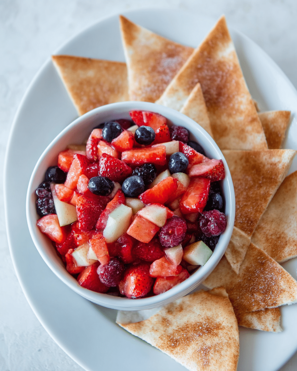 A white cup filled with a colorful mix of chopped fruit salad, featuring bright red strawberries, deep blue blueberries, and light pink diced apples. The fruit pieces are small and mixed evenly, creating a fresh and juicy look with a slightly glossy texture. Around the cup, on a white plate, there are several triangular pieces of toasted bread with a light brown, crispy surface. The setting is against a white marbled background, making the fruits and toast stand out clearly. photo taken with an iphone --ar 4:5 --v 7