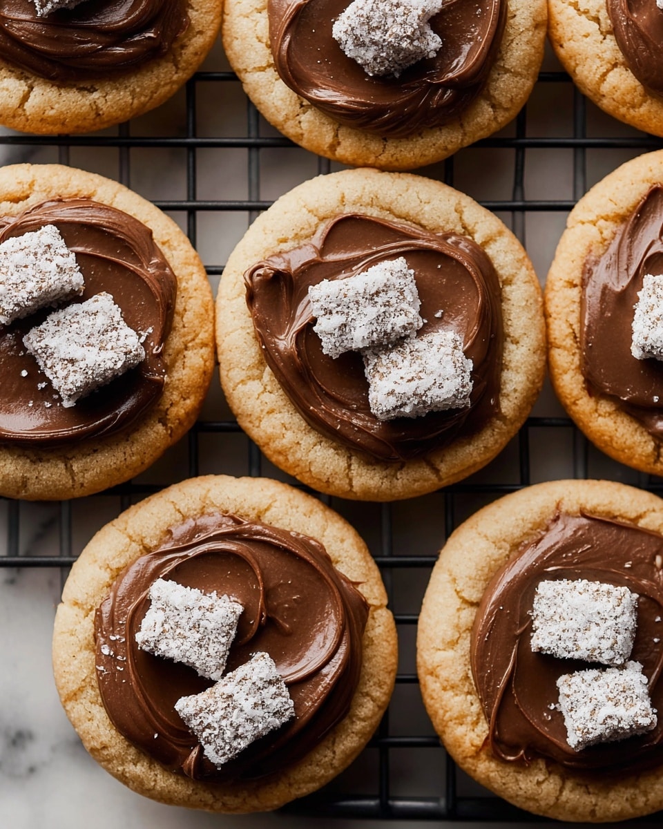 The image shows a close-up of several round cookies arranged neatly on a black wire cooling rack over a white marbled surface. Each cookie has a golden-brown base with a slightly cracked texture. On top of each cookie is a smooth, thick layer of dark brown chocolate spread, swirled in circular motions. Centered on the chocolate layer are three small, square cereal pieces coated in a white powdery sugar, creating a rough texture contrast with the smooth chocolate. photo taken with an iphone --ar 4:5 --v 7