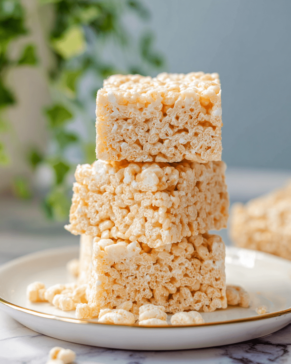 The image shows a stack of four square rice crispy treats, each with a light golden color and a slightly glossy texture from melted marshmallow. The treats are layered one on top of another on a white plate with a thin gold rim, placed on a white marbled surface. Tiny cereal pieces are scattered around the base of the stack, adding a crunchy detail. The background is softly blurred with hints of green from a plant, giving a fresh and simple look. photo taken with an iphone --ar 4:5 --v 7