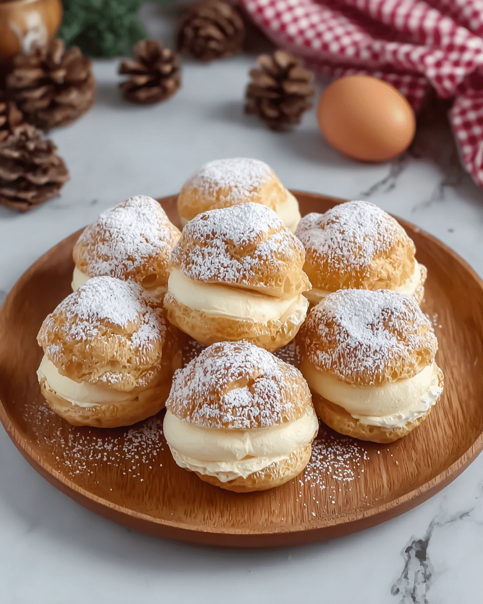 The image shows a pile of cream puffs arranged on a round wooden plate. Each cream puff has two layers: a golden, slightly rough textured puff pastry on the top and bottom, with a thick, smooth layer of light cream sandwiched in between. The tops of the cream puffs are dusted with white powdered sugar, adding a soft, snowy finish. The wooden plate sits on a white marbled surface, with pine cones and an egg in the background, along with a red and white checkered cloth. Photo taken with an iphone --ar 4:5 --v 7