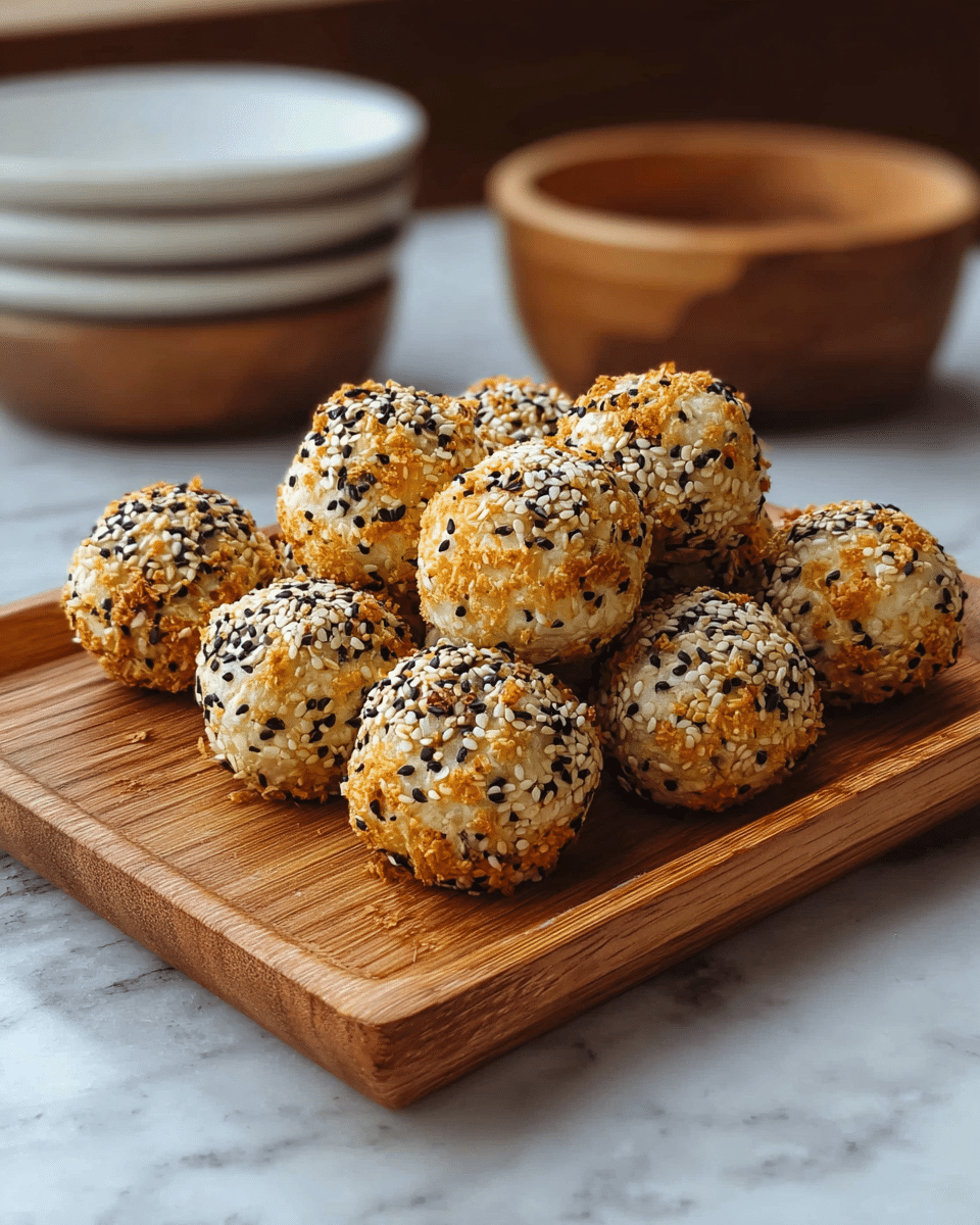 A wooden tray holds a pile of round, golden baked balls covered with a mix of black and white sesame seeds and small crispy bits, giving them a crunchy texture. Each ball is about the same size with a slightly uneven surface, showing a toasted, warm color from light brown to golden yellow. The tray sits on a table with a white marbled texture, and in the background, there is a wooden bowl and stacked white bowls that are blurred out. photo taken with an iphone --ar 4:5 --v 7