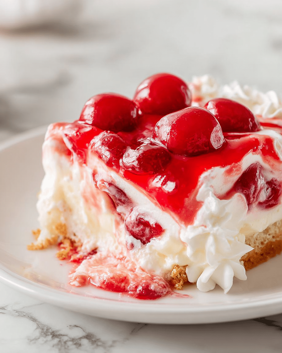 A close-up of a slice of cherry dessert on a white plate, placed on a white marbled surface. The dessert has three visible layers: the bottom layer is a light brown, soft cake base; the middle layer is creamy off-white custard mixed with whipped cream, both fluffy and smooth; the top layer is bright red cherries covered in shiny, thick cherry glaze spread unevenly, with whole cherries embedded. The whipped cream swirls around the side and top, blending slightly with the cherry topping. Photo taken with an iphone --ar 4:5 --v 7