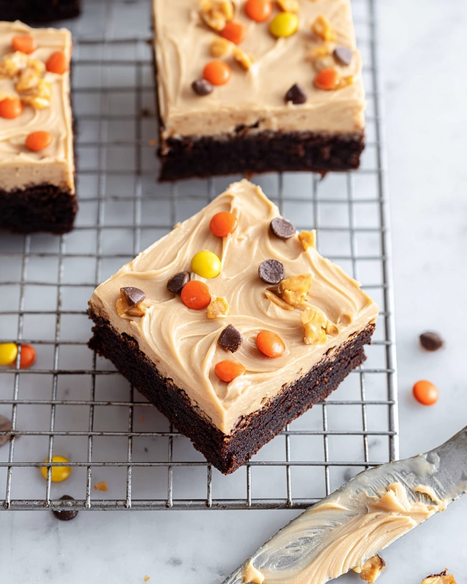The image shows two square brownie bars on a cooling rack over a white marbled surface. Each bar has two layers: the bottom layer is dark brown, dense, and fudgy-looking, while the top layer is a thick, smooth, light tan frosting with swirled texture. Scattered on the frosting are small pieces of orange, yellow, and dark brown candy-coated chocolate pieces, adding bright pops of color. Some crumbs and frosting smears are visible around the bars. In the lower right corner, there is a butter knife with light tan frosting on the blade. Photo taken with an iphone --ar 4:5 --v 7