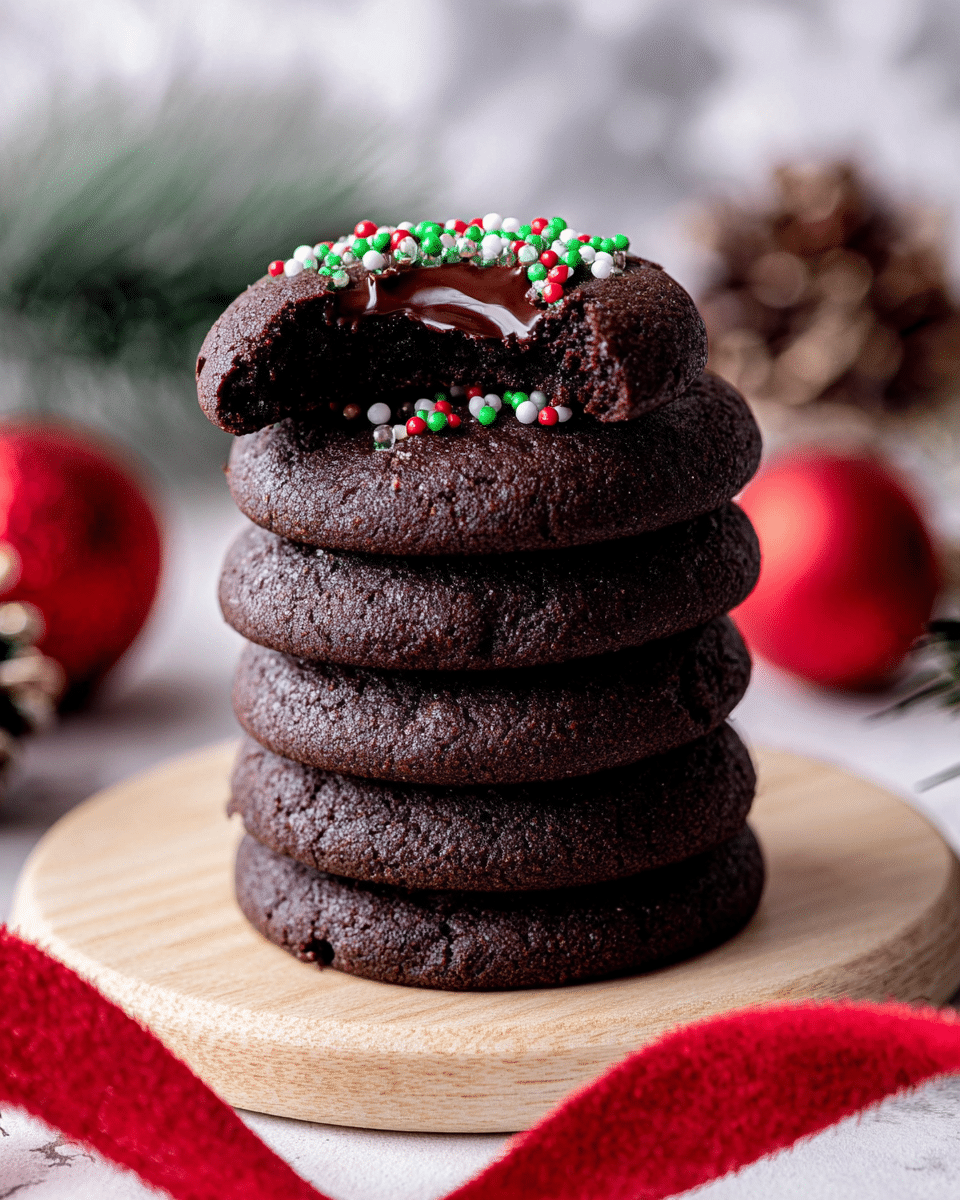 A stack of five dark chocolate cookies sits on a light wooden round board with a white marbled texture in the background, each cookie smooth and slightly cracked on the surface. The top cookie is bitten, revealing a shiny and glossy dark chocolate center, topped with tiny round sprinkles in white, green, and red colors. Around the cookies, there are out-of-focus red Christmas ornaments and a few pinecones, giving a festive feel. A red velvet ribbon curves gently in the foreground. Photo taken with an iphone --ar 4:5 --v 7