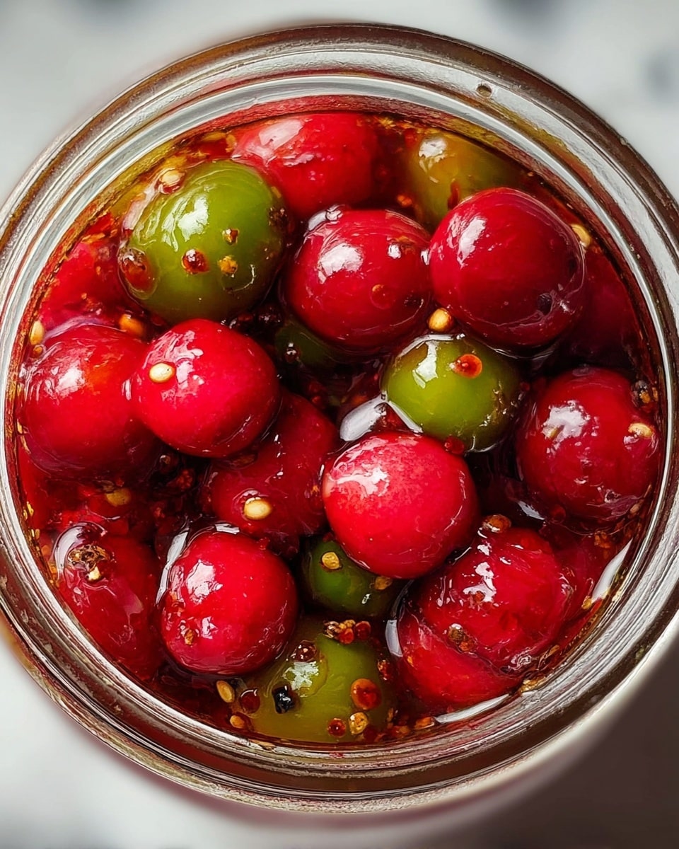 A close-up view inside a jar filled with a colorful mix of bright red and green small fruits or vegetables, all coated in a shiny, thick, glossy liquid with visible seeds and tiny bits of spices spread throughout. The red pieces are smooth and vibrant, while the green pieces have a fresher, slightly wrinkled texture, all packed tightly together and glistening under light. The jar’s transparent glass rim circles around the top, and the background is a soft white marbled texture, giving a clean, bright setting. photo taken with an iphone --ar 4:5 --v 7