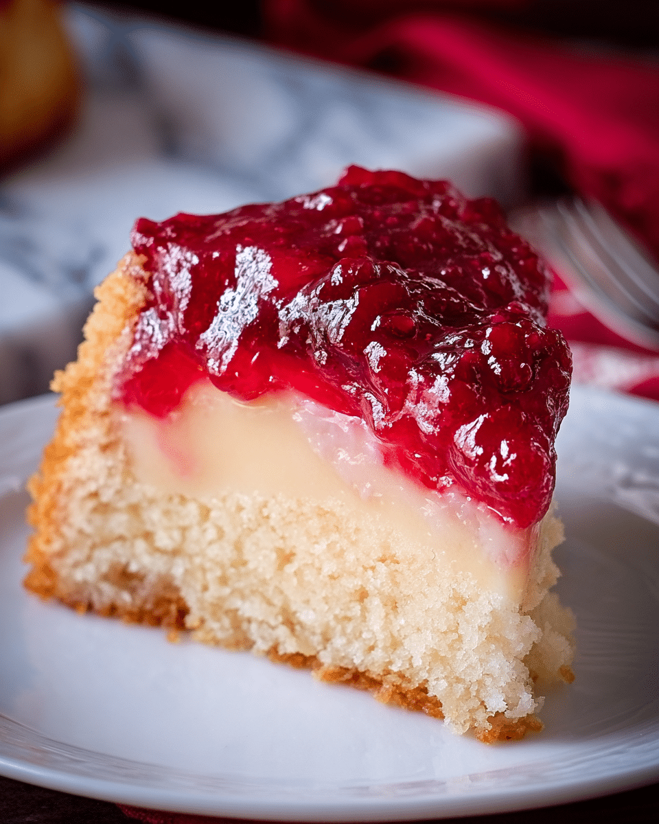 The image shows a single round cake placed on a white plate sitting on a white marbled surface. The cake has two clear layers: the bottom layer is a light brown, soft and spongy cake base, while the top layer is a glossy, thick red fruit jam with chunks of cranberries or similar fruit spread evenly, giving a shiny and sticky texture. Some thick syrup is slightly dripping down the sides, adding a moist look. The background is blurred but colored with red tones that match the jam, enhancing the warm and cozy feeling of the image. photo taken with an iphone --ar 4:5 --v 7