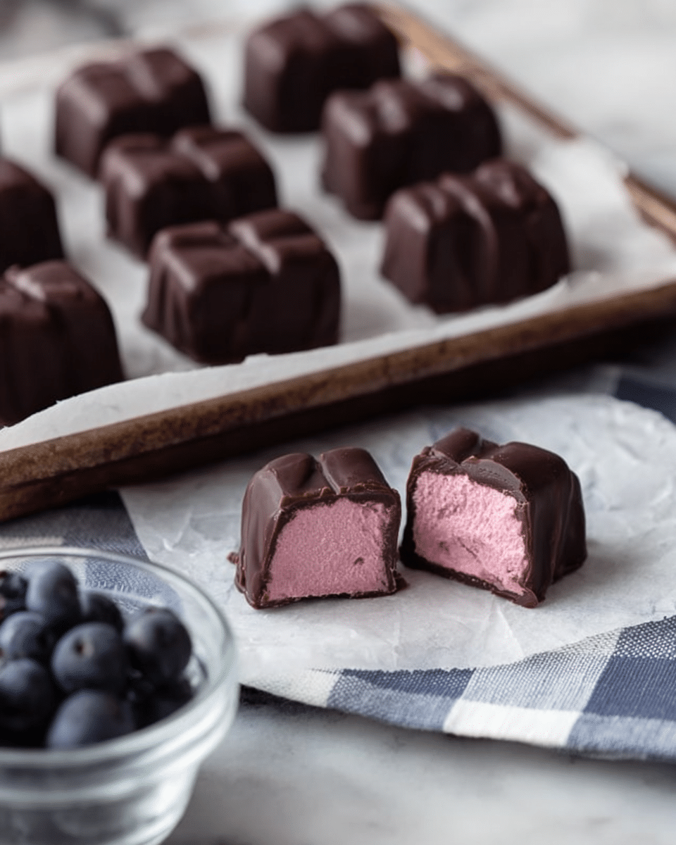 The image shows a tray with many pieces of dark chocolate-covered candy lined up neatly on white parchment paper. In front, two pieces are cut open, revealing a smooth, bright pink filling inside. The tray sits on a soft, white and gray checkered cloth, placed on a white marbled surface. In the lower corner, there is a clear bowl with dark blue berries, slightly out of focus. The dark chocolate outer layer is rich and glossy, contrasting with the creamy, soft pink center inside the candies. Photo taken with an iphone --ar 4:5 --v 7