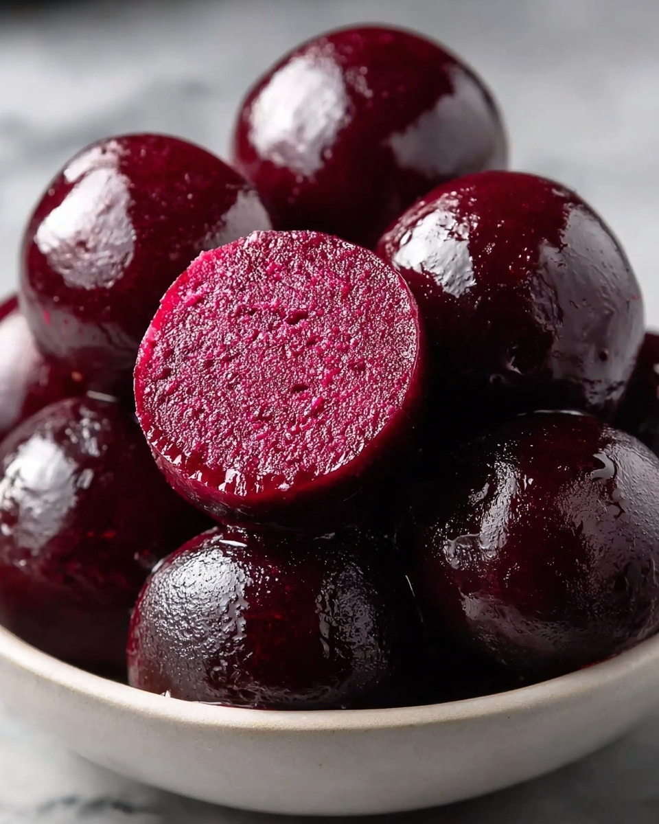 A close-up view of a bowl filled with dark red, glossy round sweets stacked on top of each other. The sweets have a shiny, smooth outer layer with a moist texture visible. One sweet is cut in half and placed on top, showing a vibrant, deep magenta interior that looks dense and slightly grainy. The bowl is white with a simple design, sitting on a white marbled textured surface. The lighting highlights the shiny, wet look of the sweets, making them look fresh and appetizing. photo taken with an iphone --ar 4:5 --v 7