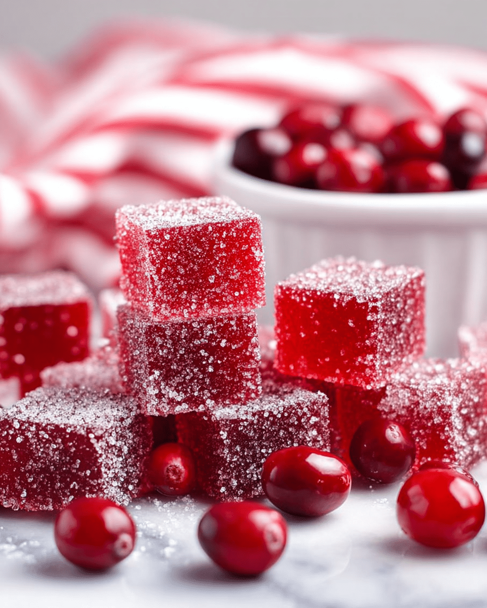 The image shows several red jelly cubes covered in sugar crystals stacked and scattered on a white marbled surface. The cubes have a soft, translucent texture with sugar giving them a sparkly look. Around the jelly cubes are whole, glossy red cranberries that add a shiny contrast with their smooth surface. In the background, there is a white bowl filled with more jelly cubes and cranberries, and behind that is a red and white striped cloth softly blurred. The focus is on the stacked jelly cubes in the center with cranberries placed close by, creating a colorful and inviting scene. Photo taken with an iphone --ar 4:5 --v 7