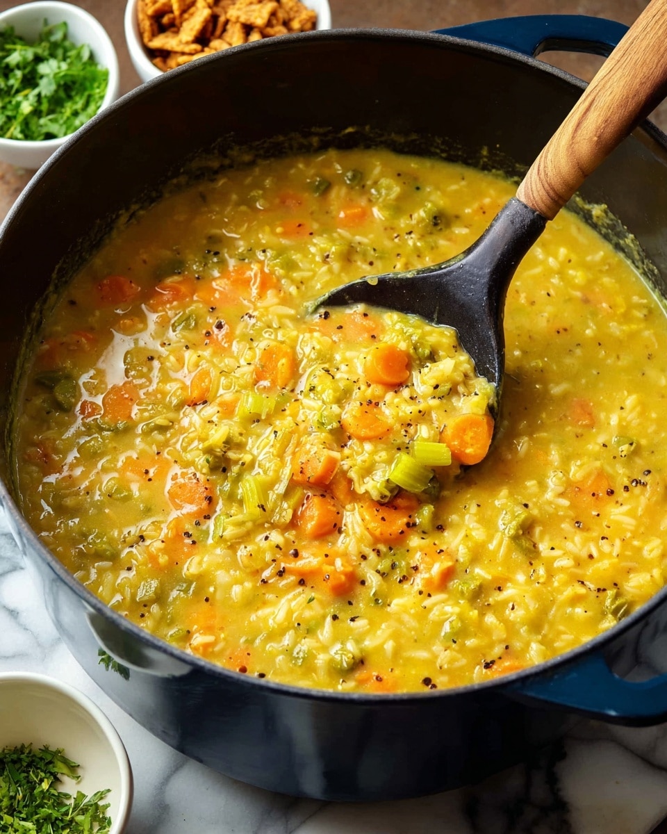 A close-up of a large dark blue pot filled with thick yellow soup that has visible chunks of soft orange carrots and green celery, along with smaller pieces that look like rice or grains, all mixed in a creamy texture with specks of black pepper. A black spoon with a wooden handle is partially dipped into the soup, lifting some of the chunky mixture. Around the pot, there are small white bowls containing green leafy herbs and golden-brown crunchy pieces, all placed on a white marbled surface. photo taken with an iphone --ar 4:5 --v 7
