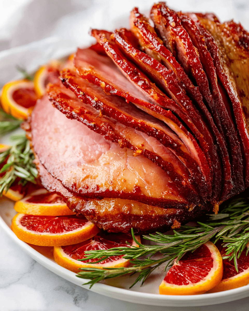 A spiral-cut ham with many reddish-brown glazed slices fanning out from the center, showing the moist, tender inner meat in light pink and the crispy glazed crust in dark reddish tones. The ham sits on a white plate surrounded by sprigs of green rosemary and bright, fresh blood orange slices with deep red and orange peel, all set against a white marbled texture. Photo taken with an iphone --ar 4:5 --v 7