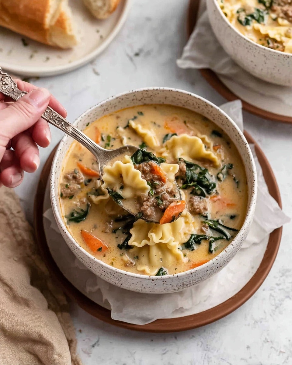 A white speckled bowl filled with creamy soup that has a light beige color and contains several layers of ingredients: a base with ground meat, orange carrot slices, green leafy spinach, and flat, ruffled pasta edges floating on top. A spoon held by a woman's hand is lifting a serving of the soup showing all these layers clearly. The bowl sits on a white plate with a brown rim, placed on parchment paper over a white marbled surface. In the background, there is another bowl of the same soup and a piece of crusty bread, all softly lit. photo taken with an iphone --ar 4:5 --v 7
