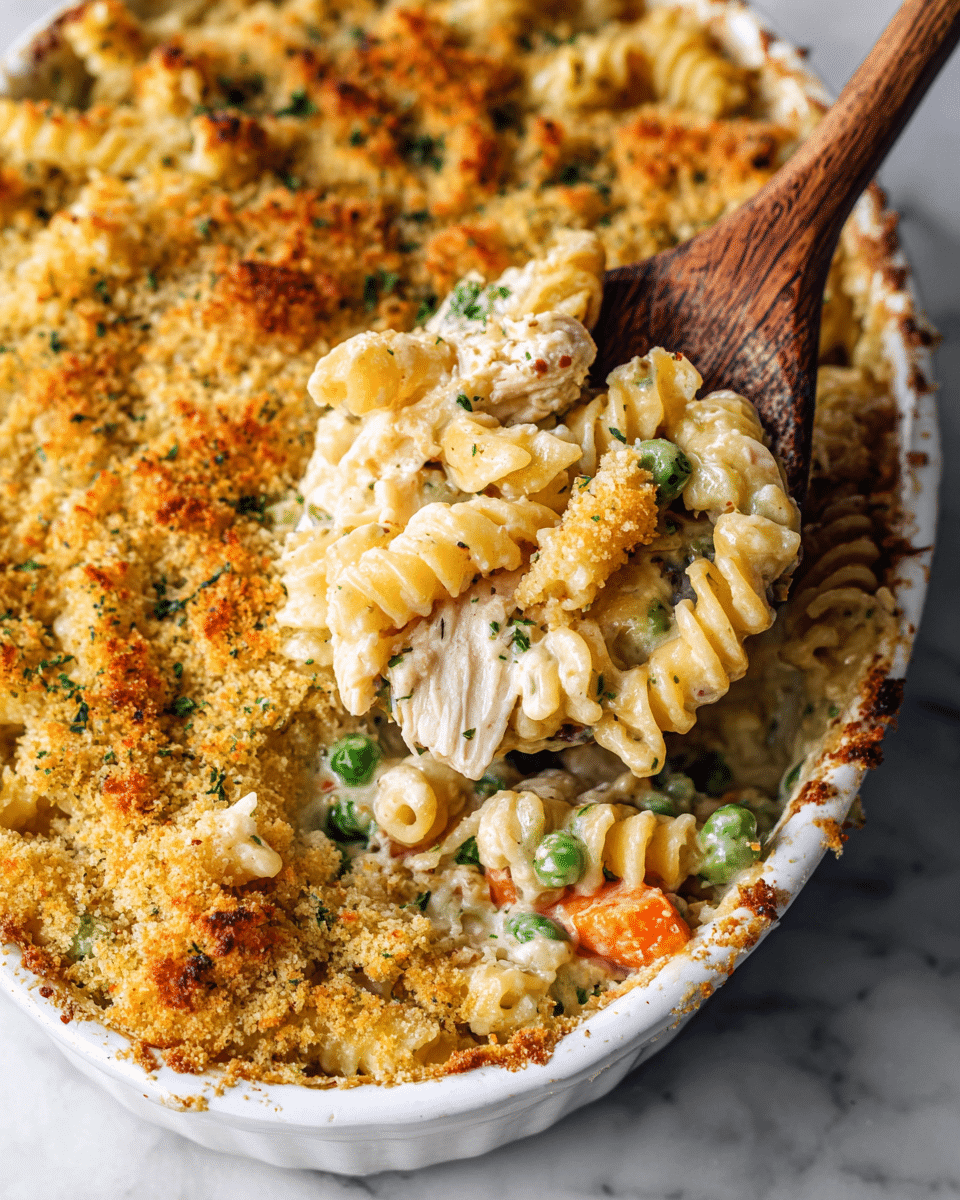 The image shows a white oval baking dish filled with a creamy baked pasta casserole. The top layer is a golden brown breadcrumb crust with some darker toasted spots and small green herb bits. Underneath, there is a mix of creamy cheese sauce covering short spiral pasta, tender chunks of white meat, green peas, and small orange carrot pieces. A wooden spoon lifts a portion from the dish, showing the gooey, cheesy pasta and vegetables inside. The dish sits on a white marbled surface. Photo taken with an iphone --ar 4:5 --v 7