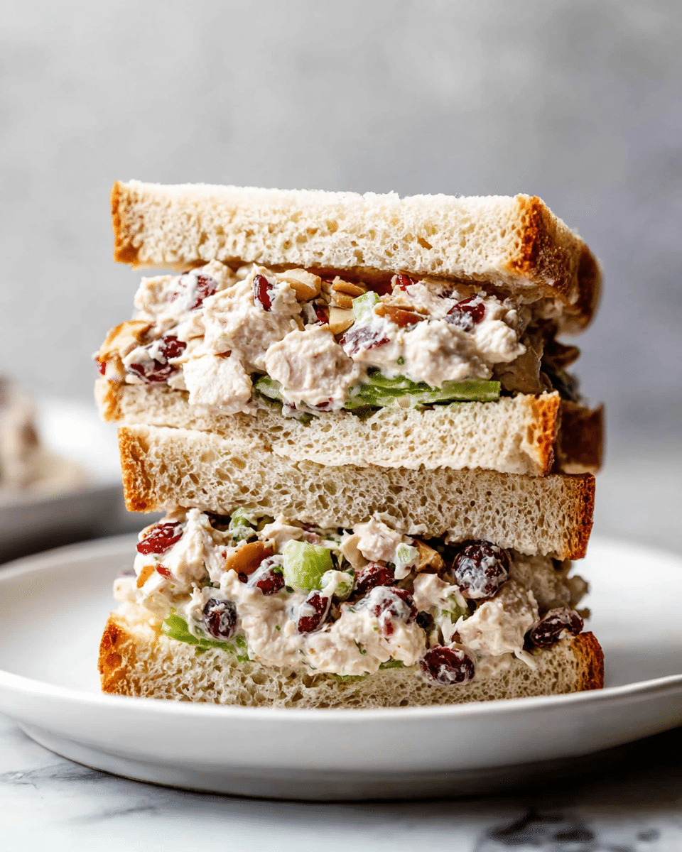 A sandwich cut in half and stacked on a white plate shows three main layers: two thick slices of light brown, airy bread with a soft, porous texture make up the top and bottom layers; the middle layer is filled with chunky pieces of white chicken mixed with a creamy dressing, green celery bits, reddish dried cranberries, and small crunchy nut pieces, creating a colorful, textured filling. The sandwich sits on a white marbled surface with a soft gray blurred background. photo taken with an iphone --ar 4:5 --v 7