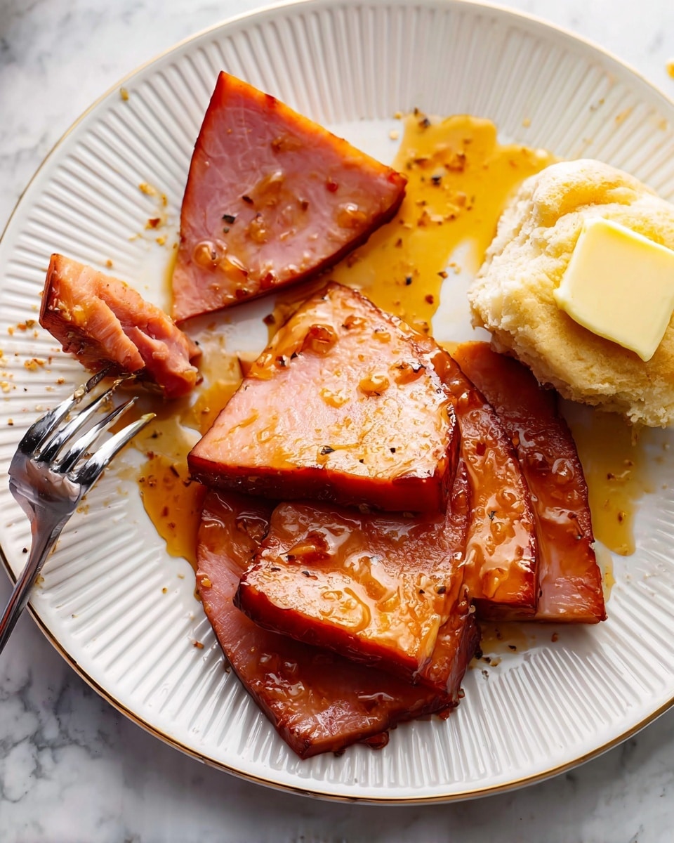 On a white plate with textured ridges along the edge, there are several thick pieces of glazed glazed ham, cut into semi-circle and rectangular shapes showing a shiny, rich, brown surface and pink interior. A fork is holding a small triangular piece of ham on the left side of the plate. On the right side, a white biscuit is split open with a smooth square of pale yellow butter melting on top. The ham and biscuit sit on a white marbled surface with a small pool of sauce and scattered bits of seasoning adding a glossy, slightly oily look around the ham. photo taken with an iphone --ar 4:5 --v 7