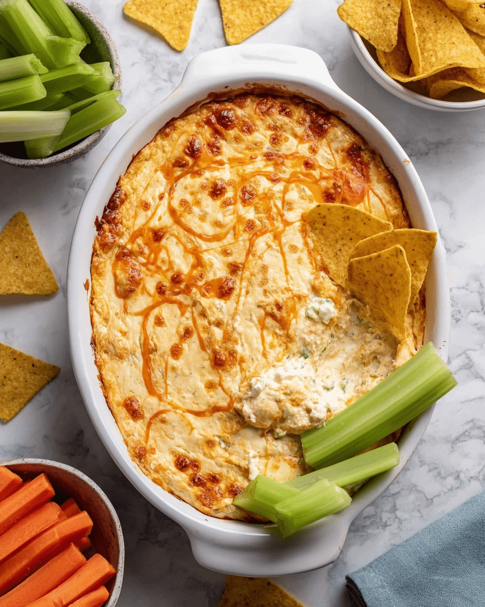 The image shows a white oval baking dish filled with a baked dip that has a golden-brown top layer with some spots of light orange and a slightly bubbly texture. The dip appears thick and creamy with uneven swirls on the surface. Two green celery sticks are dipped into the lower right side, covered in the creamy dip. A few triangular yellow corn chips are placed inside the dip and scattered around the dish on a white marbled surface. Surrounding the dish are white bowls containing carrot sticks, celery sticks, and more corn chips. The overall setting has a fresh and inviting look. photo taken with an iphone --ar 4:5 --v 7