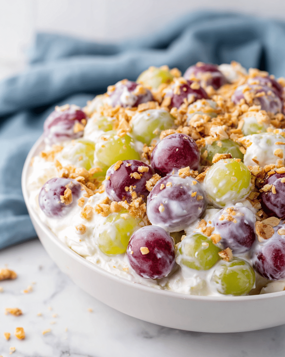 A white bowl filled with a layered fruit salad starting with whole purple and green grapes covered in a thick, creamy white dressing, topped with small pieces of crushed light brown nuts sprinkled evenly over the top. The grapes have a smooth and slightly shiny texture beneath the creamy dressing. The bowl rests on a white marbled surface with a soft blue cloth in the background. photo taken with an iphone --ar 4:5 --v 7