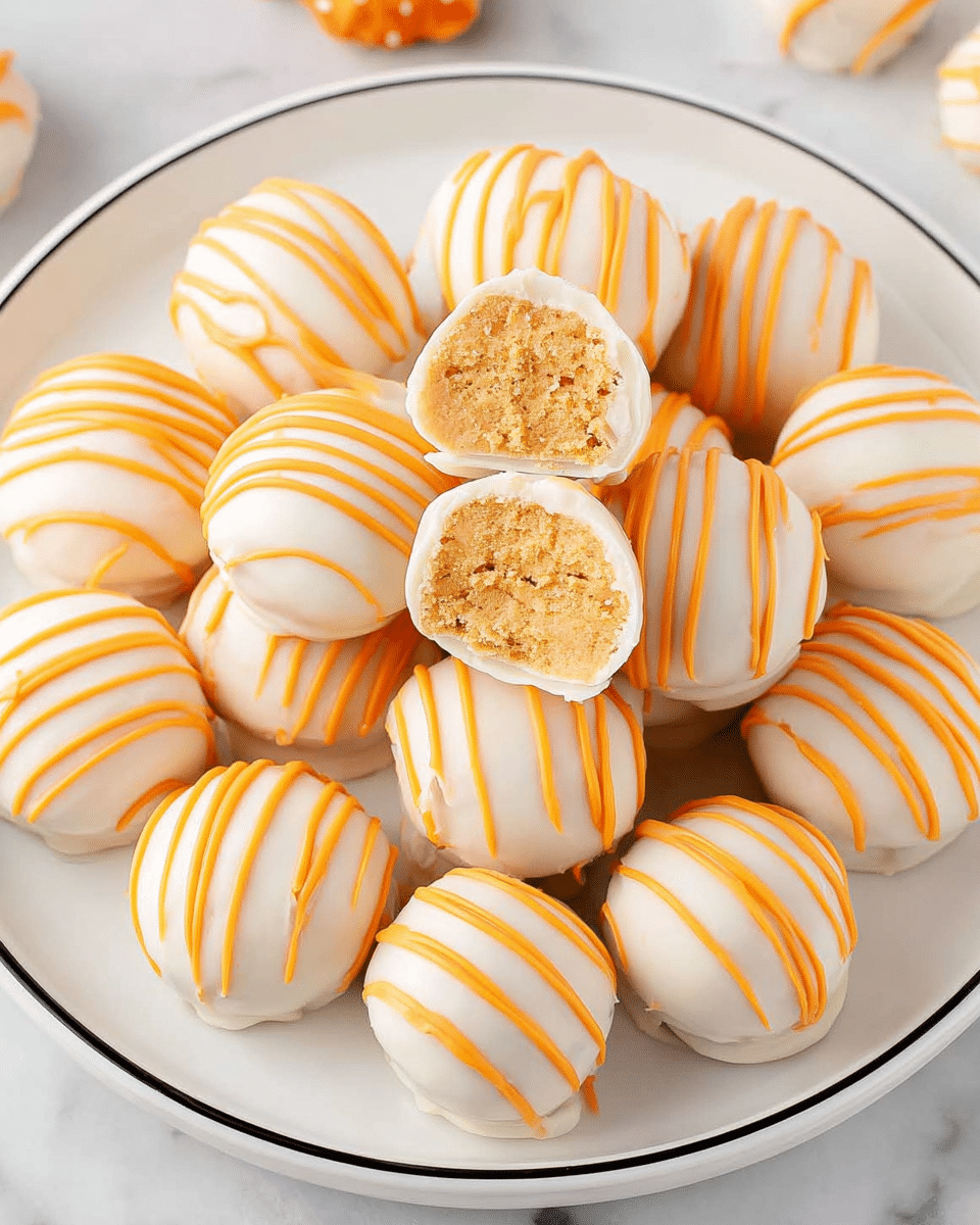 A white plate with a thin black rim holds many small round treats with two layers: a smooth white outer coating and an orange drizzle on top creating thin striped lines all over. Two pieces are cut open at the top center, showing a dense, creamy light orange filling with a soft texture. The plate is on a white marbled surface with faint orange decoration visible in the upper corner. photo taken with an iphone --ar 4:5 --v 7